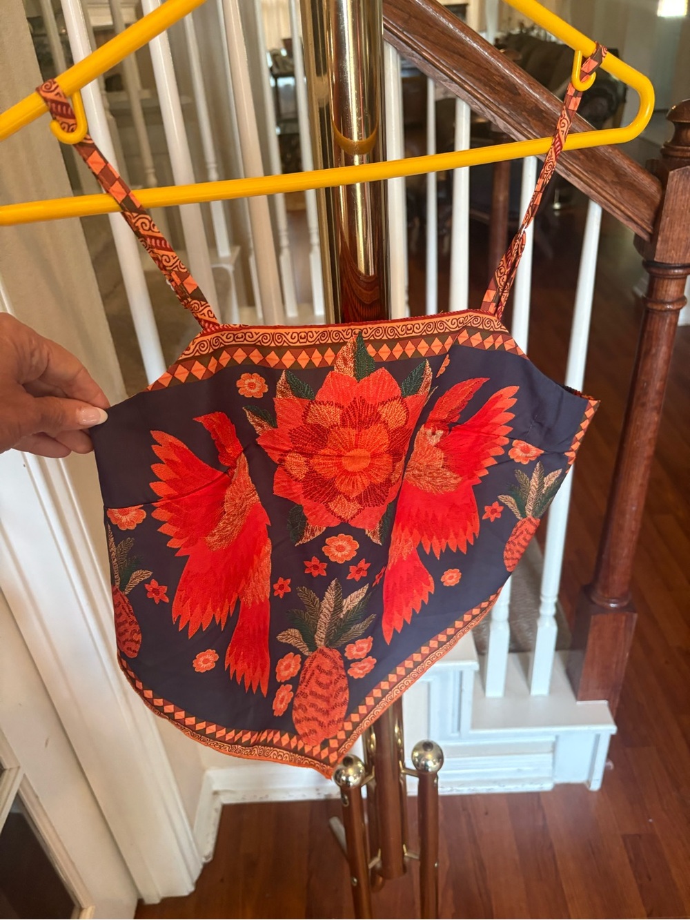 Women's Navy & Scarf-Style Crop Top with Red Floral Embroidery